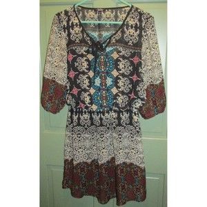 BEBOP Juniors Multicolor Printed Chiffon Elbow Sleeve Rustic Boho Dress Size S